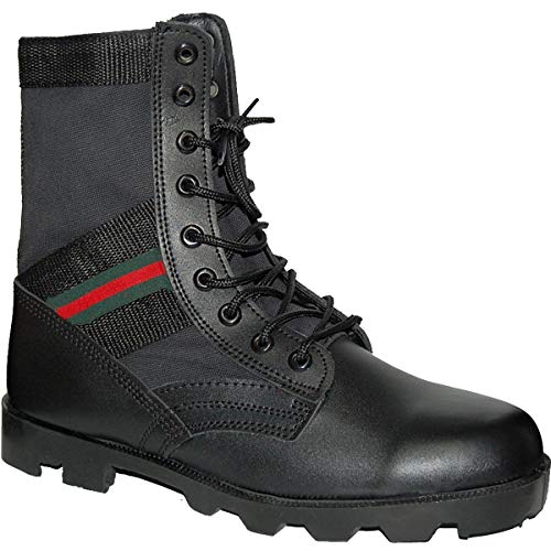 KRAZY SHOE ARTISTS 8 inch Black Leather Men's Combat Boot Red-Green Side Ornament, Size 8