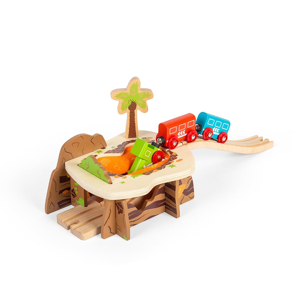 Bigjigs Rail Lava Pit - Wooden Train Tunnel with 2 Track Pieces & Ramp, Kids Trains & Railway Accessories, Dinosaur Toys & Gifts For Toddlers, 3 Year Old +