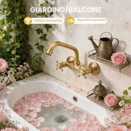 Antique Brass Wall Kitchen Tap, 360° Rotation Sink Mixer, Bathroom Sink Tap with Cross Knobs and Swivel Spout, Wall Kitchen Tap for Bathroom, Kitchen, Laundry