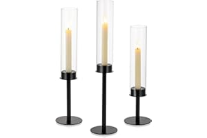 NUPTIO Black Candlestick Holders for Centerpiece: Set of 3 Hurricane Taper Holder with Windproof Glass Cover Long Stem Cylinder Metal Candle Sticks Stands for Halloween Christmas Table Decoration