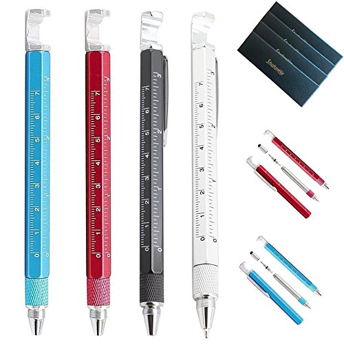 Shulaner 7 in 1 Metal Tech Tool Pen with Ruler, Bottle Opener, Phone Stand, Ballpoint Pen, Stylus and 2 Screw Driver, Multifunction Tool Fit for Mens Giftt, 4 Color, Pack of 4
