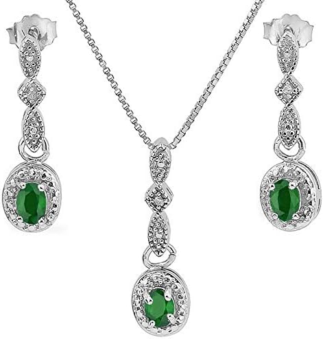 1/2 CT Genuine Emerald & Diamond Sterling Silver Earring & Pendant Set w/18" Chain