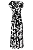 Kranda Womens Vintage Floral Print Short Sleeve Maxi Long Party Dress (Small, Black White)