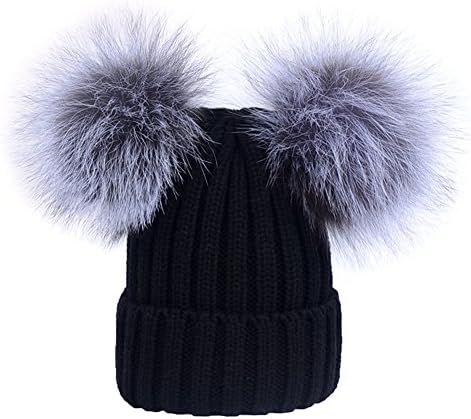 DELORESDKX Women Winter Fur Pom Pom Knit Hats Beanie Double Real Fox Fur Pom Warm Ski Snowboard Cap