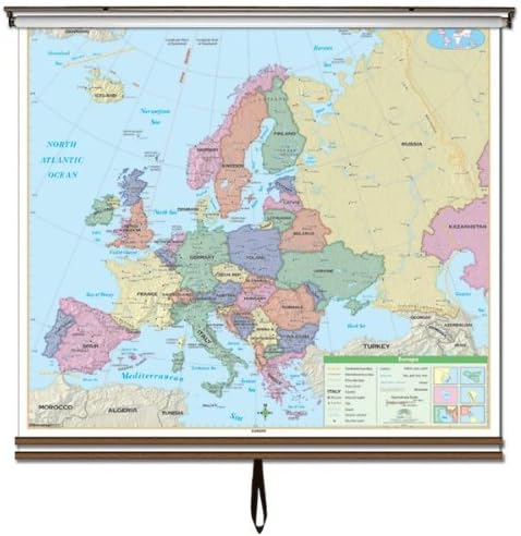 Essential Wall Maps Set on Roller w/ Backboard; 3-Map Choices. Wall mount hardware included.