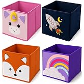 4-Pack MCCHJoy Kids Storage Cubes , Toy Storage Bins, 11 Inch, Cute | Collapsible Fabric Organizer Baskets for Nursery, Playroom and Bedroom, 3D Fox, Rocket, Unicorn and Rainbow Designs