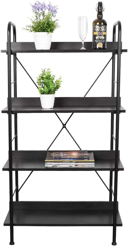 WAYTRIM 4-Tier Vintage Bookshelf Wood and Metal Bookcase Versatile Storage Organizer for Home and Office, 27.56" L x 11.69" W x 50.2" H, Black