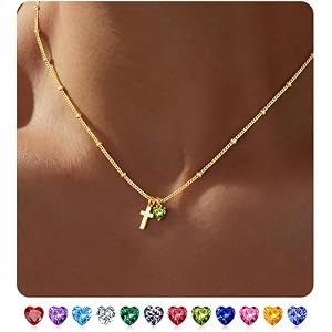 Turandoss Cross Necklace for Girls Women,Dainty Heart Birthstone Necklaces | 14K-Gold-Plated,Cross Heart Double Pendant, CZ N