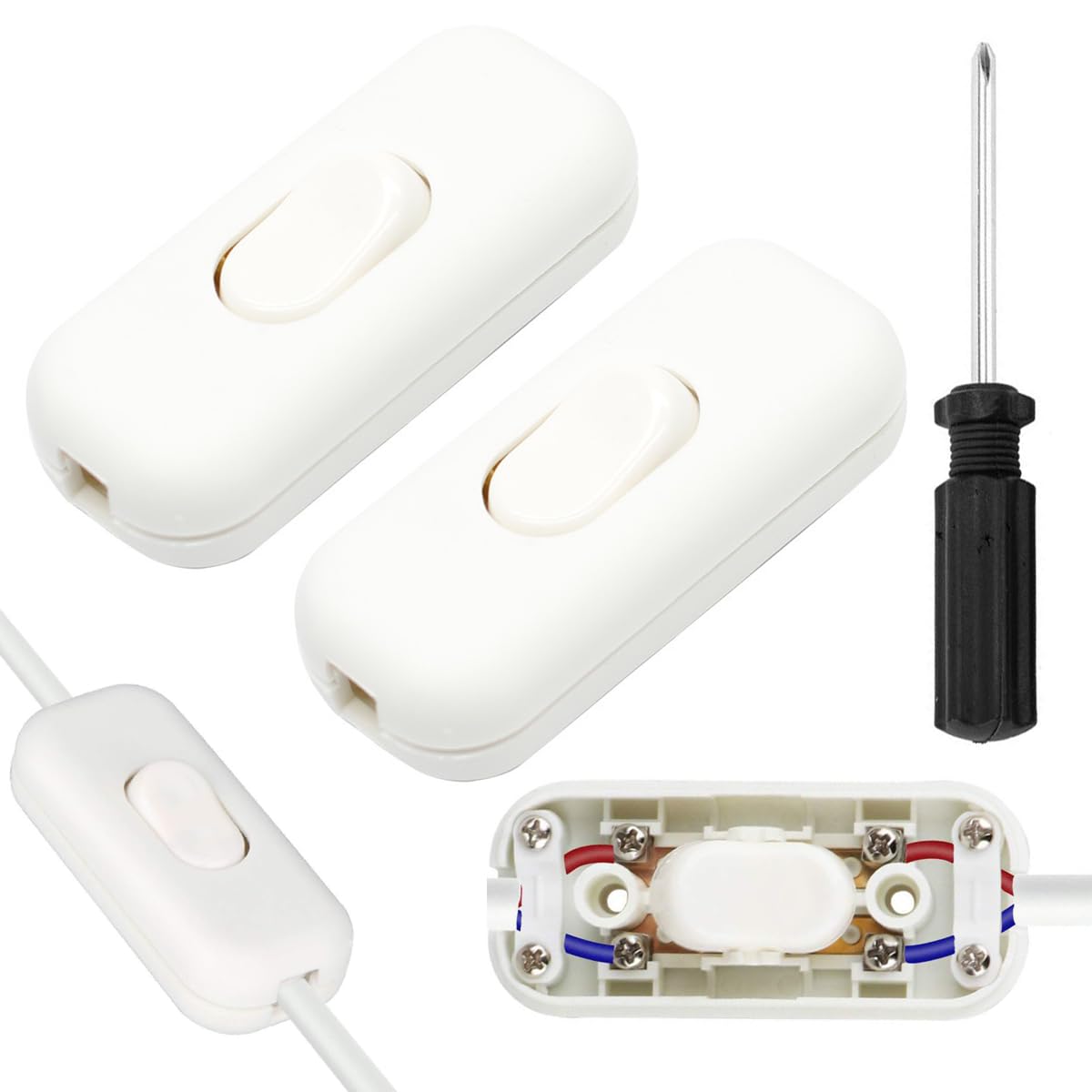 2 Pieces 6A Inline Switch Torpedo Switch with Screwdriver Double Pole Switching In-line Cord Switch Halfway Rocker Button Accepts 2 Core for Small Appliance or Lamp (White)