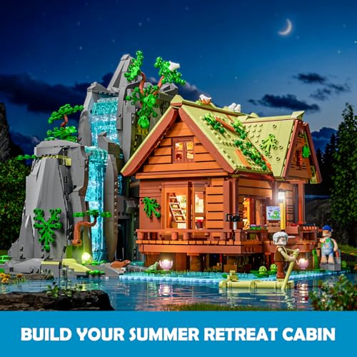 Lumibricks Waterfall Cabin Building Set with Light – 2539 Pieces Retro Wooden House with Moving Waterfall & Nature Scenery, Collectible for Adults