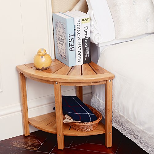 Corner Shower Bench with 2-Tier Storage Shelf,Deluxe Bamboo Shower Bench Bath Stool Applicable to Bathroom or Living Room Natural and Eco-friendly,By Artmeer