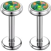 Niaspi Hypoallergenic Stainless Steel Opal Lip Rings Studs 16G Cartilage Conch Helix Tragus Flat Back Stud Earrings Internally Threaded Labret Monroe Piercing Jewelry 8mm 2Pcs