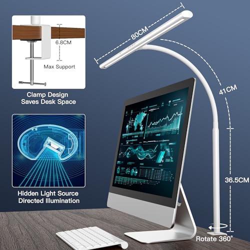 EYOCEAN LED Desk Lamp with Gesture Control and Remote Control, 24 W 80 cm Clampable Desk Lamps, Dimmable Adjustable Colour Temperatures Monitor Lamp, Daylight Lamp for Home Office, White