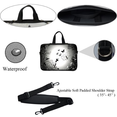 Meffort Inc 13 13.3 Inch Neoprene Laptop / Ultrabook / Chromebook Bag Carrying Sleeve with Hidden Handle and Adjustable Shoulder Strap (Black Gary Butterfly)