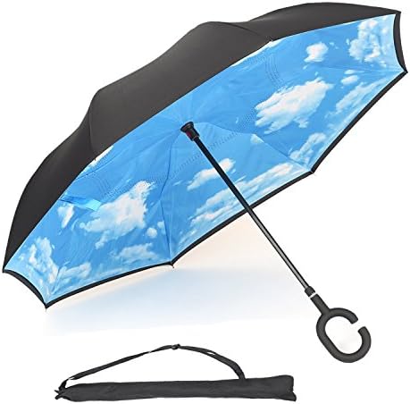 UnaMela Inverted Umbrella, Double Layer Windproof Stand-self Big Straight Reverse Folding Umbrella with C Shape Handle Carrying Bag for Outdoor and Car Use Blue