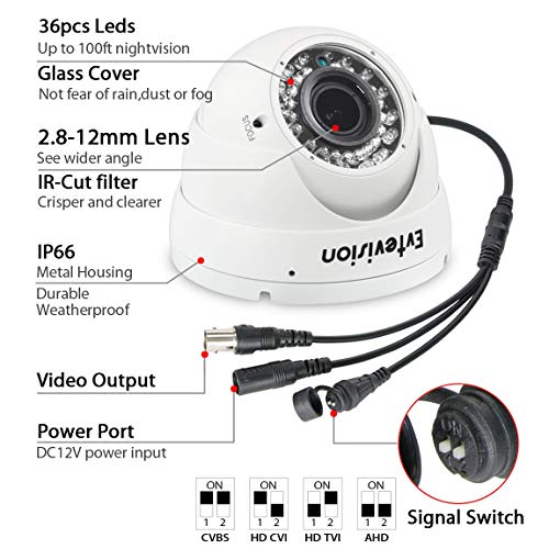 Evtevision-1080P-AHD-Camera-2MP-Security-IR-Dome-Camera-TVICVIAnalog-Switchable-HD-28-12mm-Varifocal-Lens-36pcs-IR-Leds-100Ft-Nightvision-Vandal-proof-IndoorOutdoor-DayNight-Surveillance-Camera