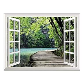 Modern White Window Looking Out Into a Bridge by a Lake Surrounded by Trees - Wall Mural, Removable Sticker, Home Decor - 24x32 inches