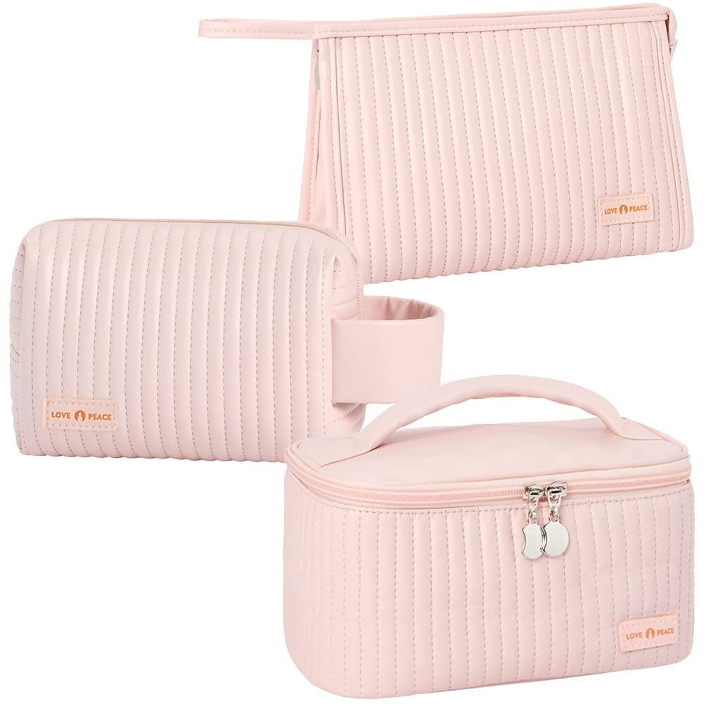 Linpr Makeup Bag 3 Pcs Cosmetic Bags Set, PU Striped Leather Toiletry Bag, Portable Waterproof Travel Makeup Organizer, Cute Make up Bags for Women and Girls (Pink)
