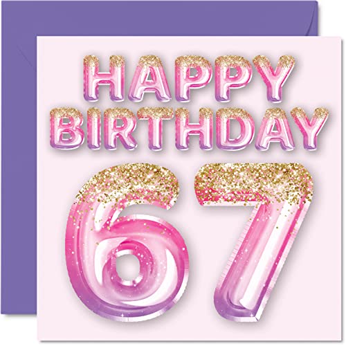 67th Birthday Card for Women, Pink & Purple Glitter Balloons