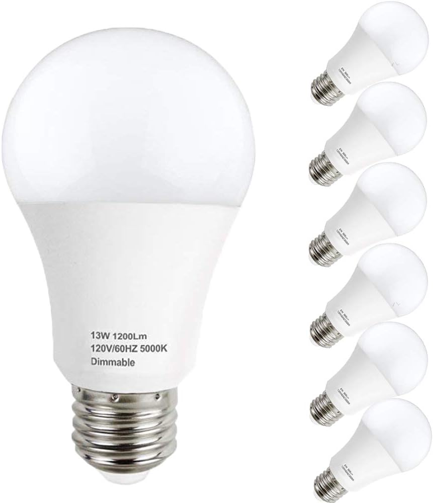 LEDERA A19 LED Light Bulb Dimmable, E26 Base Light Bulb 13W (100W Equivalent), 1200 Lumens, 5000K Daylight White, 6-Pack
