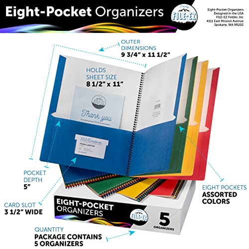 FILEEZ 8Pocket Folder Organizers, Assorted Colors, 5Pack, Durable Textured Paper with Matte