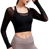 Harssidanzar Women's 2 in 1 Yoga Long Sleeve Mesh Gym Athletic Tops Workout Shirts with Medium Support Sports Bra CL301US