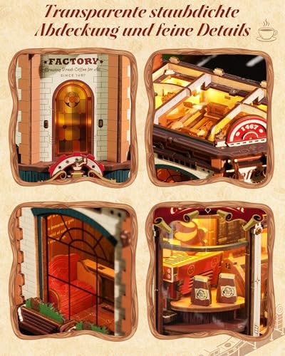 ROKR Dream Coffee Factory EAB02 DIY Miniature Dollhouse Music Box for Adults, Mechanical Coffee Factory Model with Moving Parts, LED Lighting and Jazz Music, Creative Gift
