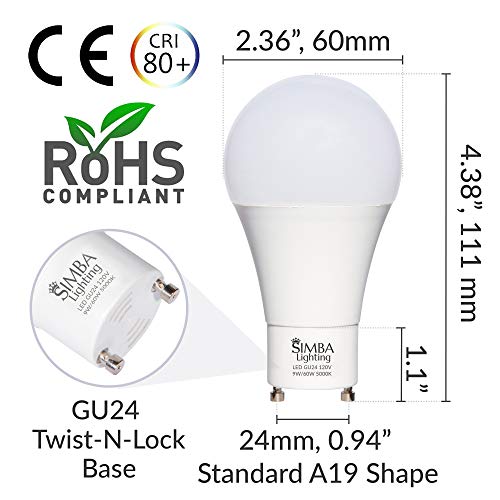 Simba Lighting LED GU24 A19 Light Bulb 9W 60W to 75W Replacement 120V 2 Prong Twist and Lock Base for Ceiling Lights, Pendants, Outdoor Lanterns, Floor Lamps, Non-Dimmable, 5000K Daylight, Pack of 4 - Thumbnail 2