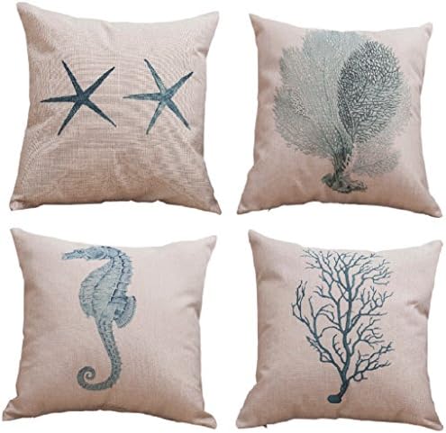 LGNL 4PCS Cotton Linen Square Decorative Throw Pillow Case Cushion Cover 18" x 18" Ocean Park Series