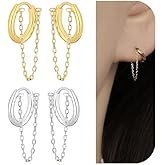 14K Gold Plated Chain Huggie Hoop Earrings, Small Dangle Chain Hoop Earrings for Women
