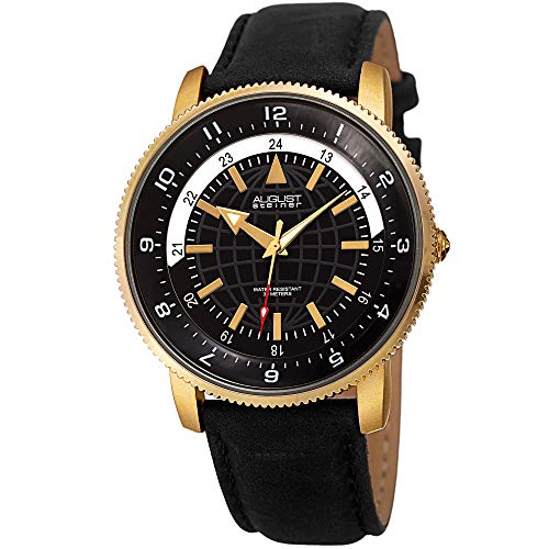 August Steiner Genuine Leather Mens Watch  Soft and Rugged Black Nubuck Leather Strap, Printed Globe Dial with 24 Hour Markers  AS8213YGB