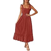 ZESICA Women's 2026 Summer Boho Spaghetti Strap Square Neck Solid Color Ruffle A Line Beach Long Maxi Dress