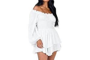 Faretumiya Dress Romper Women Layer Ruffle Short Jumpsuit Off Shoulder Lantern Long Sleeve Flowy Mini Dress Playsuit Y2k Fall