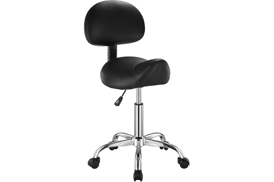 VEVOR Saddle Stool with Back Support and Wheels, 450 LBS Weight Capacity Ergonomic Rolling Stool, Height Adjustable Thickened PU Leather Swivel Saddle Chair for Salon, Spa, Massage, Tattoo, Black