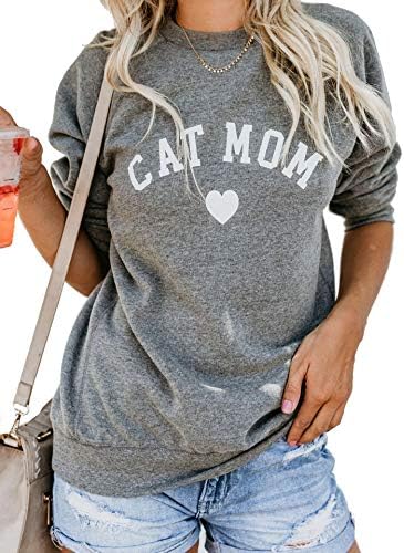 Heymiss Womens Tops Cat Dog Mom Shirts Long Sleeve Crewneck Graphic Tees