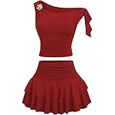 SOLY HUX Women's Two Piece Skirt Set Off The Shoulder Y2k Crop Top Ruffle Mini Skirts Going Out Outfits