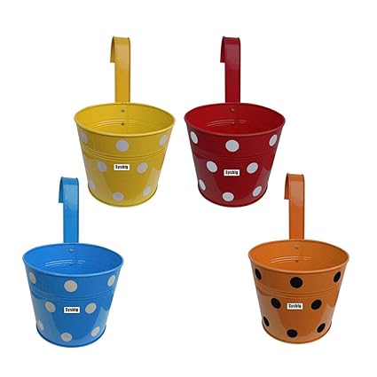 Kraftsplanet Garden Decor Set of Four Polka Painted Ribbed Design Railing planters with Detachable Hooks