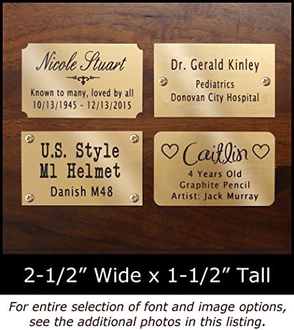 Size: 2-1/2"W x 1-1/2"H, Personalized, Custom Engraved, Brushed Gold Solid Brass Plate Picture Frame Name Label Art Tag for Frames, with adhesive backing or screws