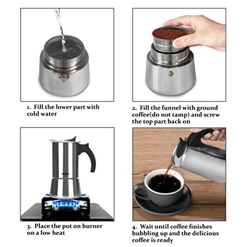 elabo Stovetop Espreeso Machine and Moka Pot for Gas or Electric Ceramic Stovetop, Italian Espresso Coffee Shot Maker for Italian Espresso, Cappuccino and Latte, 304 Stainless Steel, 6 Cups