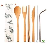 Bamboo Cutlery Set – Reusable Bamboo Flatware Set – Travel Utensil Kit Includes Fork, Spoon, Knife, 2 Chopsticks, Metal Straw, Straw Brush Cleaner And Travel Case – 8 Piece Kit – By Mangata