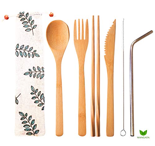 Bamboo Cutlery Set – Reusable Bamboo Flatware Set – Travel Utensil Kit Includes Fork, Spoon, Knife, 2 Chopsticks, Metal Straw, Straw Brush Cleaner And Travel Case – 8 Piece Kit – By Mangata