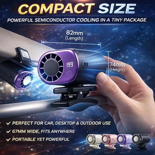 Car Clip On Air Conditioner Fan with LED Display - 360° Rotation, Portable Mini Cooling System for Auto Vehicle USB Rechargeable, 199 Speeds Adjustable, 16℃ Semi-Cooling Wide Clamp (White)