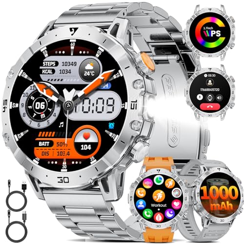1000 mAh Battery Smart Watch Men, 1.7 Inch Smartwatch Men with Bluetooth Calls, Military LED Flashlight, 100+ Sports Modes, Heart Rate Monitor, Sleep Monitor, IP68 Fitness Watch for Android iOS