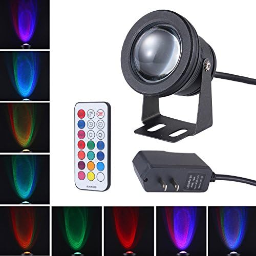 10W LED RGB Multi-color Changing LED Underwater Light Water Resistant Garden Landscape Fountain Pond Floodlight Lamp Bulb with AC to DC power adapter US plug, Memory Function,Timing Setting (Black)