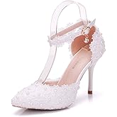 Women High Heels Sandals White Lace Pearls Wedding Shoes Pointed Toe Bridal Shoes