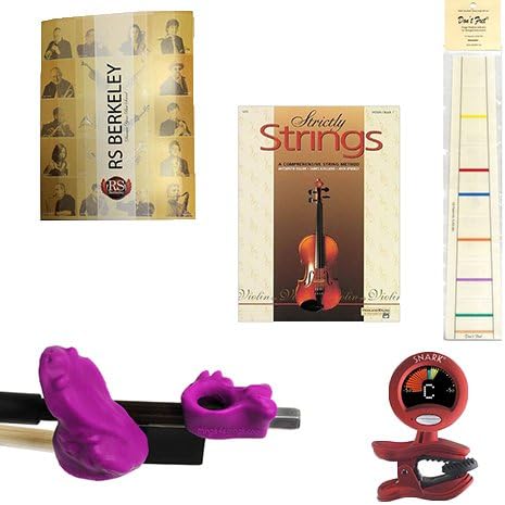 Violin Players Instructional Pack (For 1/10 Size Violin)- Essential Beginners Pack for the Violin Includes: Purple Raspberry Bow Hold Buddy Violin Teaching Aid, Don't Fret Position Indicator for 1/10 Violin, Band Folder, Strictly Strings Book 1 for Violin, &amp; Tuner &amp; Metronome