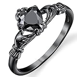 Black Sterling Silver Irish Claddagh Friendship & Love Ring Heart Ring with Black Cubic Zirconia