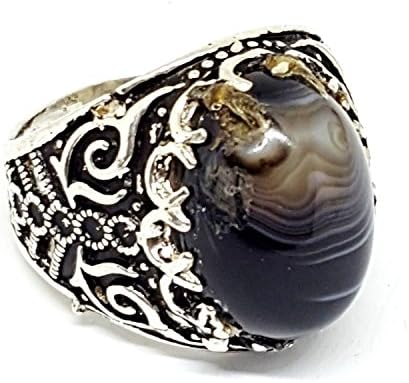 nice handmade 925 sterling silver men ring natural black agate aqeeq akik stone