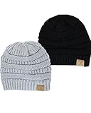 Thick Slouchy Knit Oversized Beanie Cap Hat, Black/Light Grey 2 pack