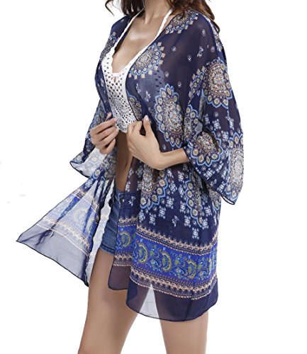 Anmengte Womens Beachwear Floral Loose Kimono Cover up for Bikini Tankini